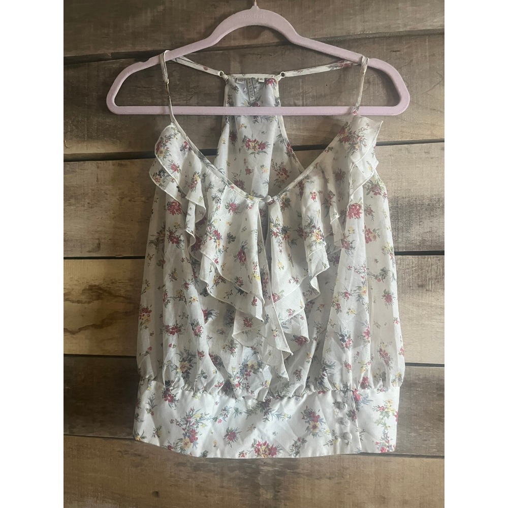 Guess Los Angeles Floral Ruffle Racerback Blouse White XL